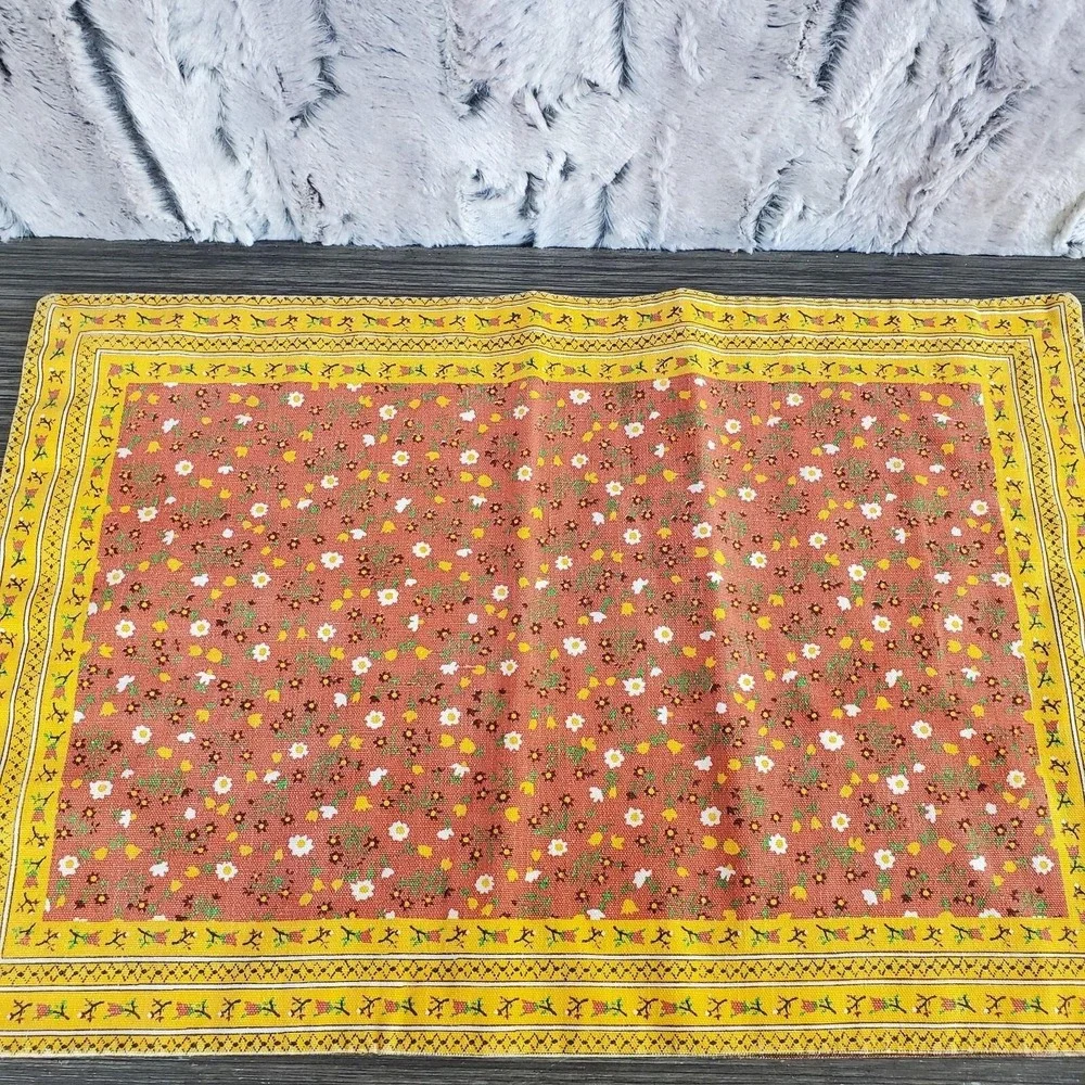 MCM Set Of 4‎ Faux Quilted Fabric Placemats - Brown Orange Yellow Floral Kitschy